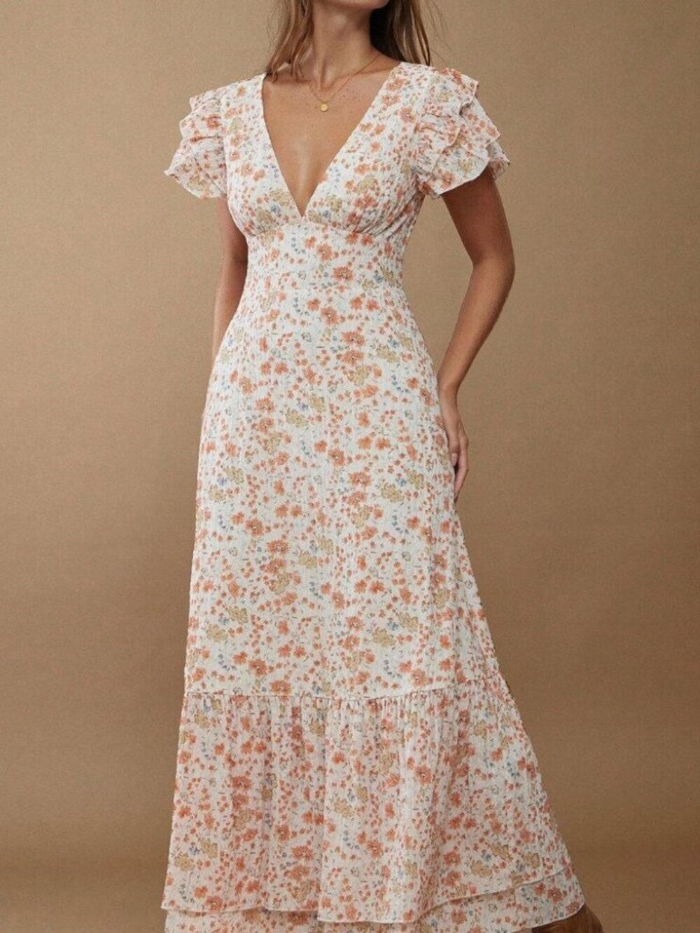 Yellow Floral Print Women's V Neck Maxi Dress with Flutter Sleeve
